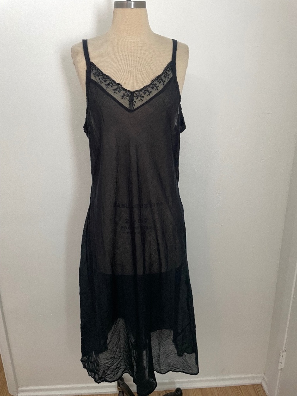 Sheer Black Slip Tank Midi Dress with Foral Lace Trim, Fairy Grunge 90s,  Size 4